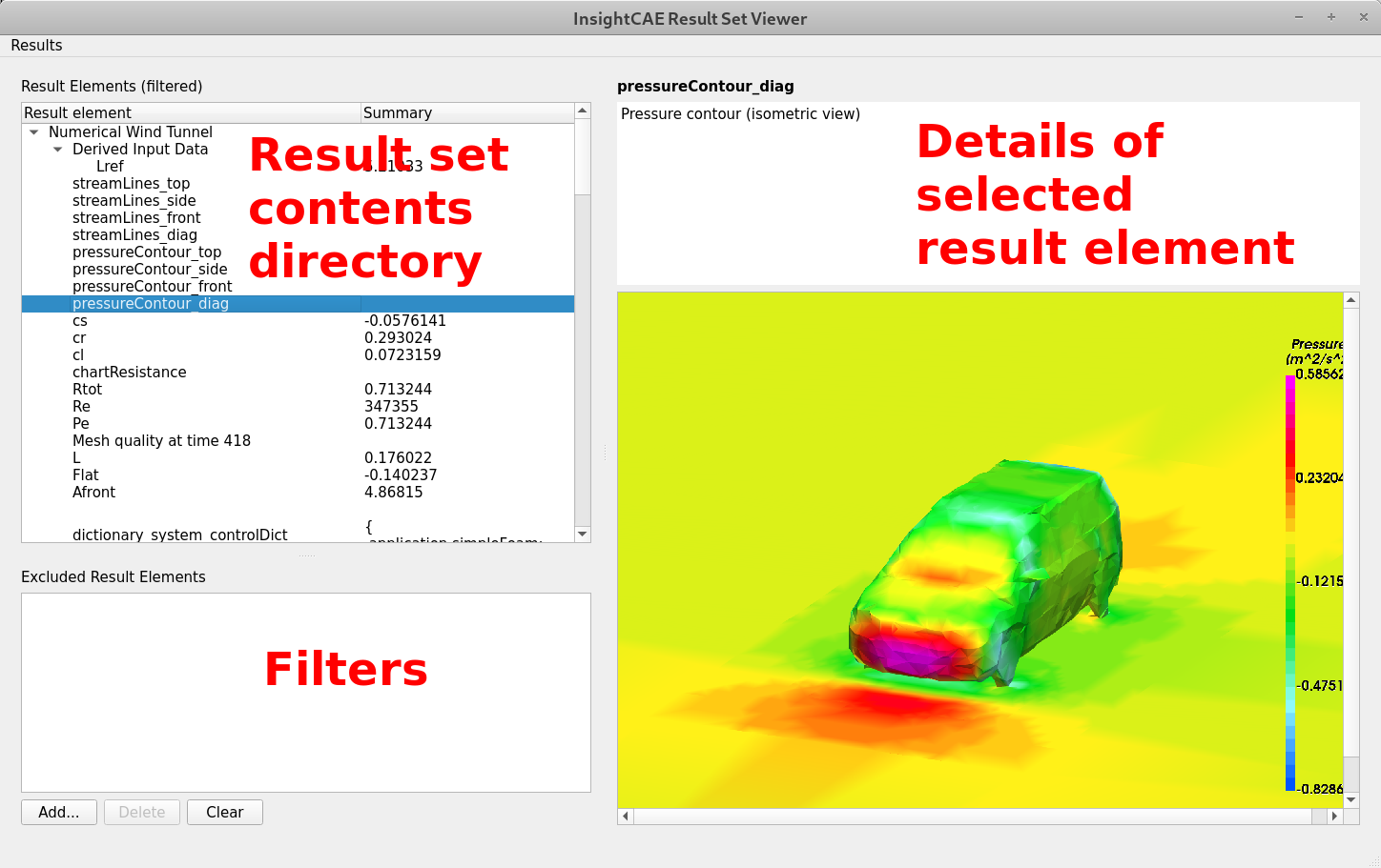 Main window of the `isResultTool`. a) bottom left: filters to be applied to the currently loaded result set, b) top left: content directory of the loaded result set (with the filters applied), c) right side: details of the result element that is selected in the top left tree view.