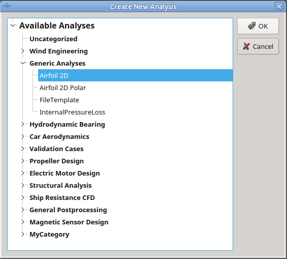 Dialog for selection of the type of a new analysis